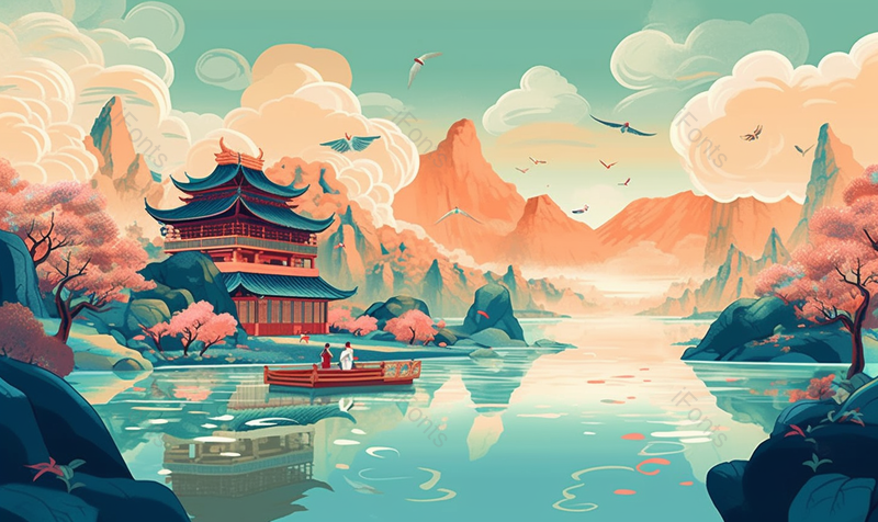 秀丽山水亭台楼阁国潮背景,插画/手绘图,插画/手绘图库,插画/手绘图下载,插画/手绘